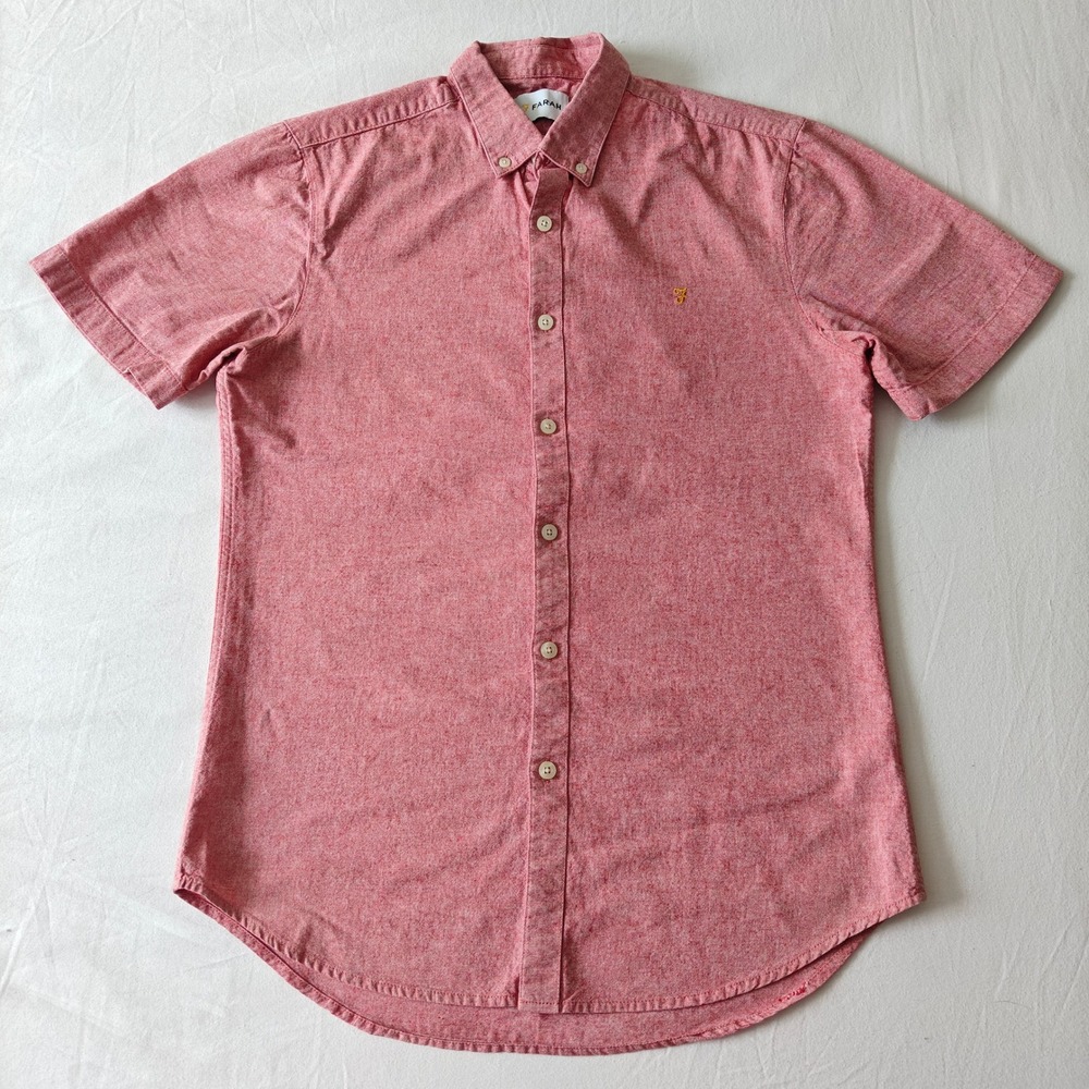 Farah Mens Slim Fit Short Sleeve Button Down Shirt Red Heathered Cotton Size S